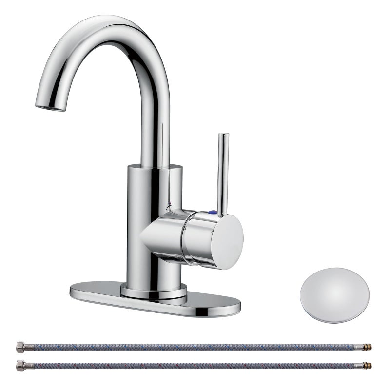 RKF Single-Handle Swivel Spout Bathroom Sink Faucet with Pop-up Drain with Overflow and Supply Hose,Bar Sink Faucet,Small Kitchen Faucet Tap,Chrome Polished,BF3501P-CP2 - Image 1